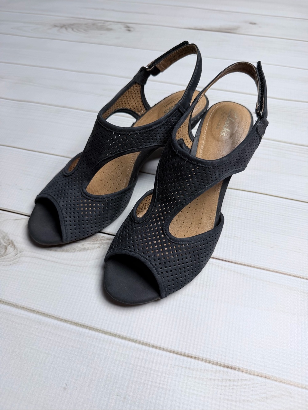 Clarks Black Perforated Open Toe Slingback Sandals